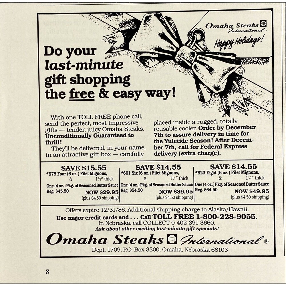 Omaha Steaks "Do last-minute Christmas shopping the easy way" Vtg Print Ad 1986